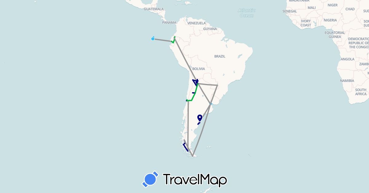 TravelMap itinerary: driving, bus, plane, boat in Argentina, Chile, Ecuador, Uruguay (South America)